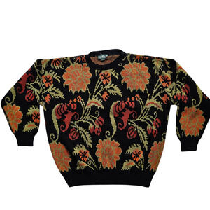 VTG Cabin Creek crew sweater floral black gold rust size Large AS IS